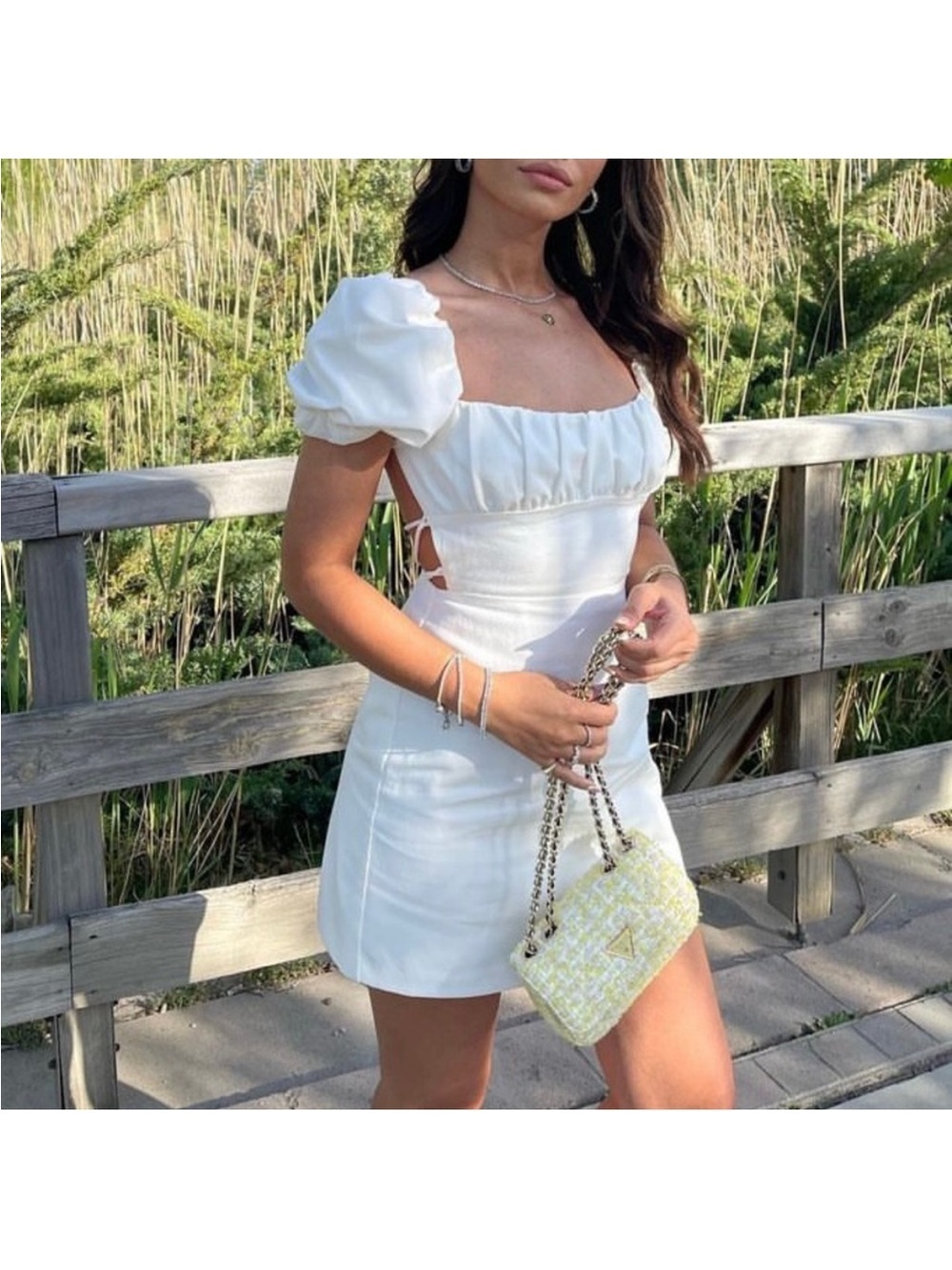 Zara white puff sleeve cotton mini dress tie back size M linen blend blogger